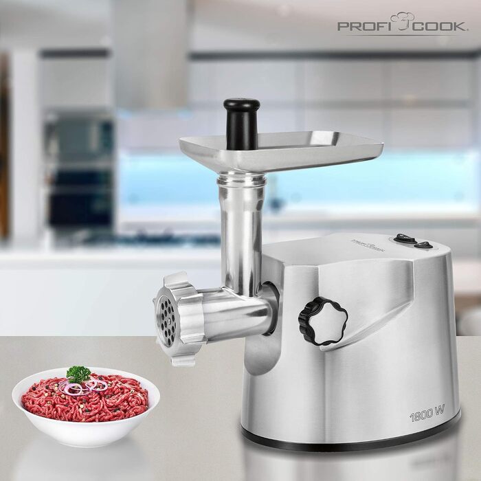 Електрична м'ясорубка Profi Cook PC-FW 1172, 1800 Вт, для м'яса, ковбас та печива, 2 кг/хв, з насадками для ковбас, кеббе та 3 сталевими дисками, нержавіюча сталь, срібляста