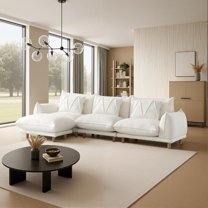 Кутовий диван з функцією сну, 4-місний модульний диван, диван-ліжко для вітальні, великий диван-кушетка з функцією сну 319 см x 92 см білий