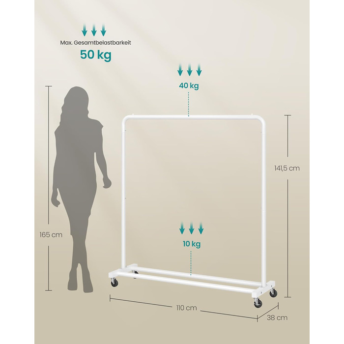 Вішалка для одягу SONGMICS, Штанга для одягу на колесах, Підставка для гардеробу, 2 колеса з гальмом, Спальня, Вантажопідйомність до 50 кг, 38 x 110 x 141,5 см, Матовий білий HSR016WG01 Матовий білий, одинарна рейка