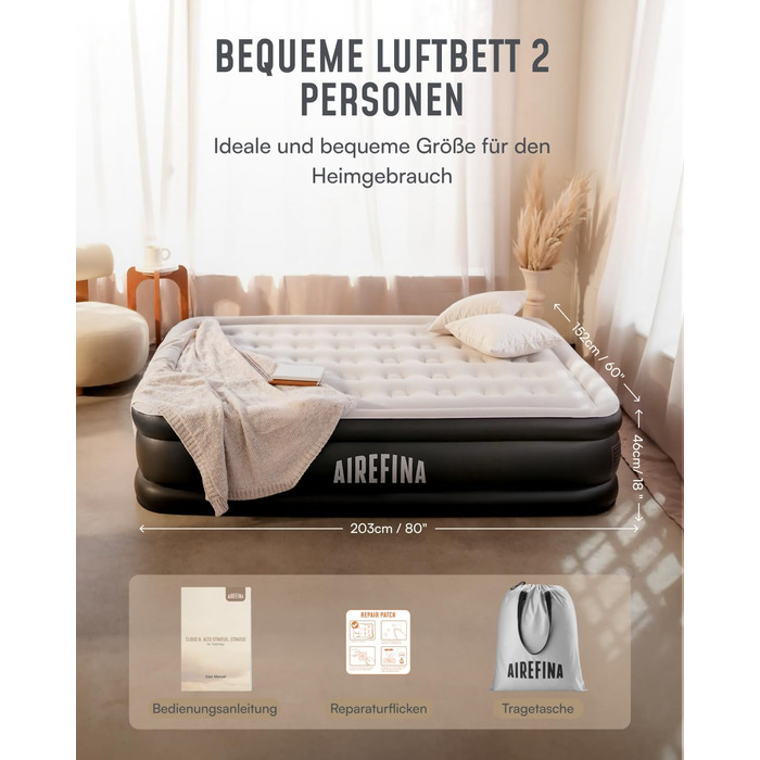 Надувний матрац Airefina для 2 осіб, самонадувальний, з вбудованим насосом, надувається за 3 хвилини, надувний матрац для кемпінгу та домашнього використання, міцне гостьове ліжко - 203 x 152 x 46 см, двоспальне (46 см)