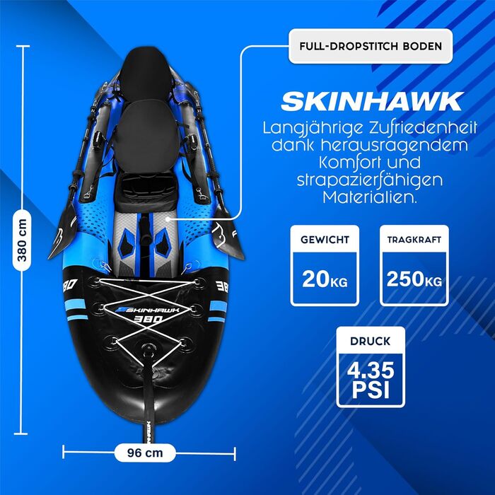 Ексклюзивний синій набір для каяків SKINHAWK 380 Надувний човен Каное 380 x 96 см Каяк на 2 особи. Набір для каяків Skinhawk 380 з алюмінієвим веслом