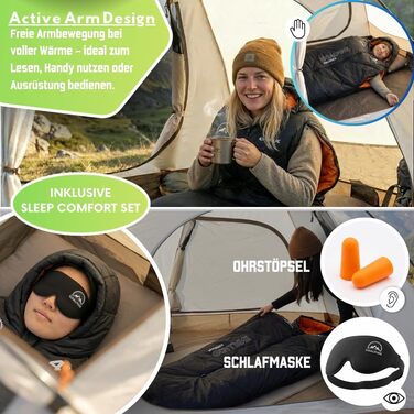 Спальник на 3 сезони з проймами для рук 400 г/м Комфорт 5-10 градусів Водовідштовхувальний матеріал Невеликий розмір у упаковці Дорослі Для активного відпочинку та кемпінгу Спальник-мумія Трекінг та подорожі