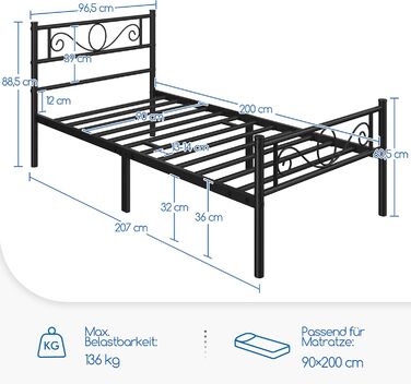 Каркас ліжка Yaheetech 90 x 200 см Металеве ліжко з рейковою основою Односпальне/двоспальне ліжко для гостей Дитяче ліжко з узголів&39ям для спальні Гостьова кімната Чорний колір 90 x 200 см