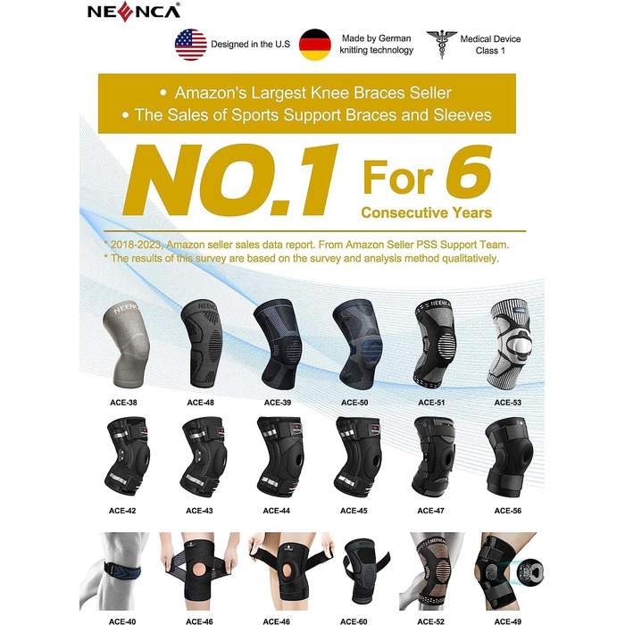Колінний бандаж NEENCA від болю в коліні, компресійний колінний бандаж з повітряною сітчастою тканиною, регульований колінний бандаж з бічними стабілізаторами, ультрам&39який бандаж для розриву меніска, передньої хрестоподібної зв&39язки, ходьби, полегшен