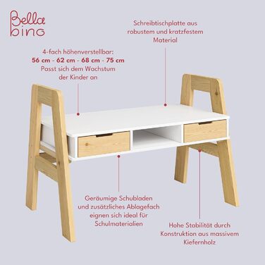 Дитячий письмовий стіл Bellabino Campo регульований по висоті з дерева в білому/натуральному кольорі з 2 шухлядами, 1 полицею і 3
