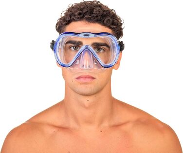 Силіконовий набір для дайвінгу та снорклінгу з маскою та трубкою з системою сухого верху та продувним клапаном, прозорий/синій