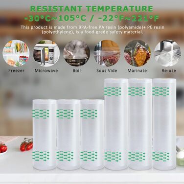 Вакуумні пакувальні пакети Anysea Вакуумна плівка Вакуумні пакети Їжа 6 рулонів вакуумних пакетів без BPA, 20/28500 см, професійна термозбіжна плівка для вакуумного пакувальника та Sous Vide 20*28*500 см 6 рулонів