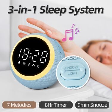 Розумний цифровий будильник з 25 розслаблюючими звуками, нічником, кнопкою повтору будильника, таймером та регульованою гучністю/яскравістю - білий шум для сну для дітей, дівчаток та дорослих у спальні, 12 см, синій