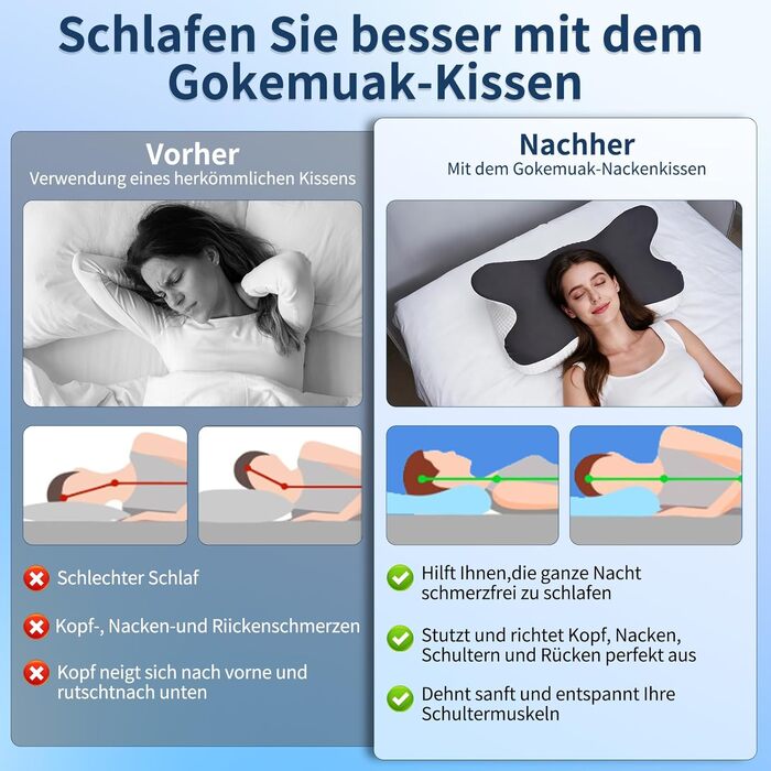 Подушка для шиї, подушка для голови 60x33x10/17 см, подушка з піни з ефектом пам&39яті, подушка для сну на боці, знімна подушка для підтримки шиї для сну на боці, спині та животі (сіра)