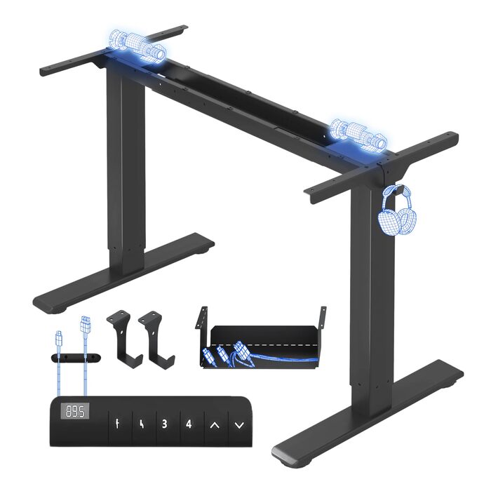 Каркас столу FLEXISPOT з регулюванням висоти, електричні ніжки столу з 2 двигунами, світлодіодним індикатором висоти та 4 функціями пам&39яті, включаючи 2 гачки та органайзер для кабелів, чорний. Каркас столу E1 PRO нова версія, благородний чорний.