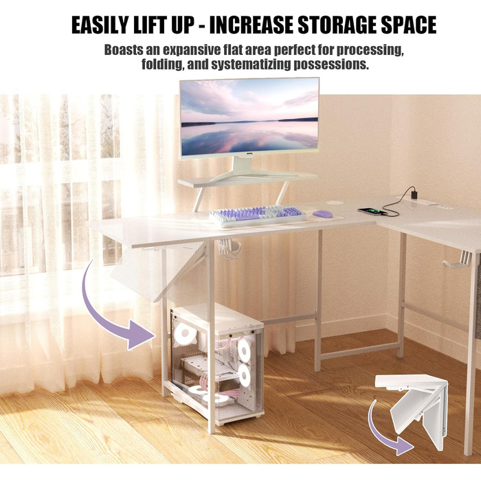 Ігровий стіл із розумним світлодіодним освітленням, L-подібний стіл із подовжувачем для домашнього офісу, кутовий стіл 120-150 см з розеткою, сумка для зберігання, підставка для монітора, білий