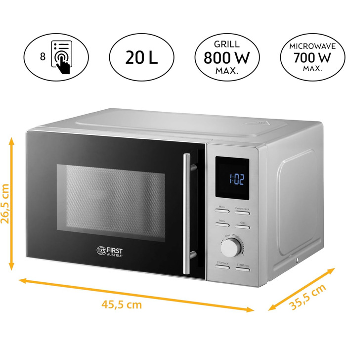 Мікрохвильова піч TZS First Austria 1100 Вт з функцією гриля 800 Вт, ємність 20 л (брутто), функція швидкого старту, LCD дисплей, 8 автоматичних програм, 700 Вт, нержавіюча сталь