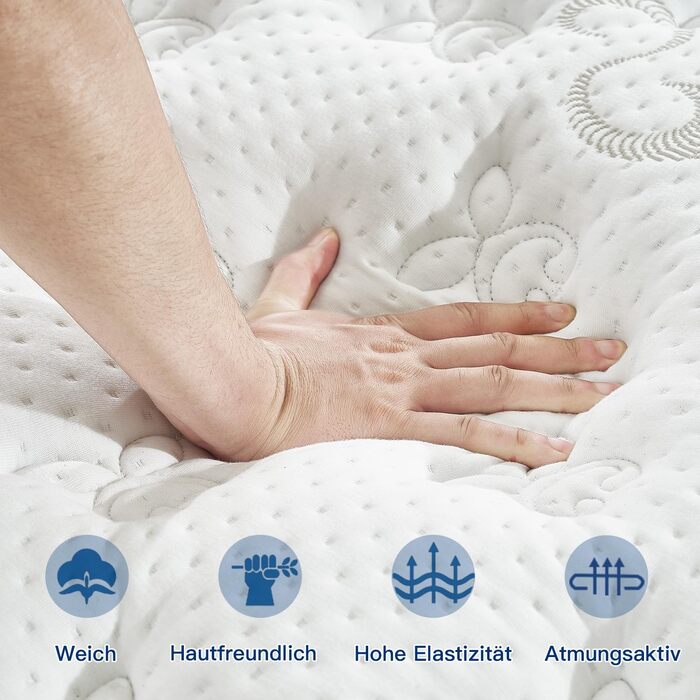 Матрац 140x200 см, 7-зонний, висота 25 см, пружинний, ортопедичний пружинний матрац кишенькової форми, рівень жорсткості H3, сертифікований Oeko-Tex, матрац для дорослих, 25 см, 140 x 200 см