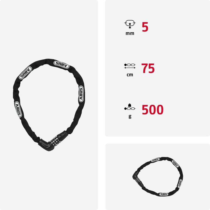 Ланцюговий замок ABUS Steel-O-Chain 5805C кодовий замок виготовлений зі сталевого ланцюга товщиною 5 мм рівень безпеки ABUS 4, чорний, 75 см, одинарний