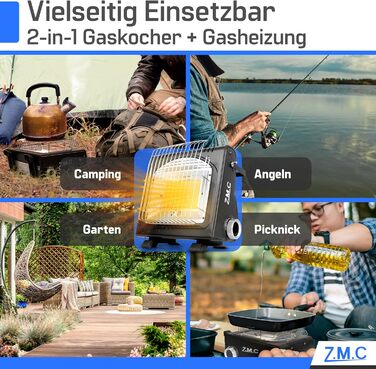 Портативний газовий обігрівач та плита ZMC 2-в-1 8 газових картриджів 227 г, кемпінговий обігрівач 1,7 кВт, ідеальне джерело тепла без електрики, газовий обігрівач для використання на вулиці, патіо, мобільний обігрівач з п&39єзорозпалом, газовий обігрівач