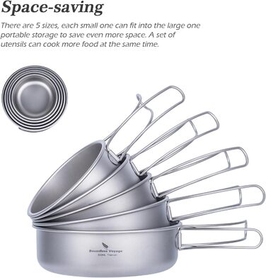 Титановий набір посуду миски, тарілки, кемпінгові горщики, сковорідки зі складними ручками, портативний набір для приготування їжі на відкритому повітрі, легкий посуд Bercher 350 мл 500 мл 600 мл 700 мл 800 мл, горщики, сковорідки, 5 шт. /партія Ti1096T