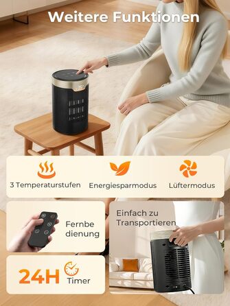 Енергозберігаючий електричний вентилятор-обігрівач, керамічний електричний вентилятор-обігрівач потужністю 1500 Вт з термостатом PTC, режим ECO, тиха робота, пульт дистанційного керування, 24-годинний таймер, захист від перегріву та перекидання, електричн