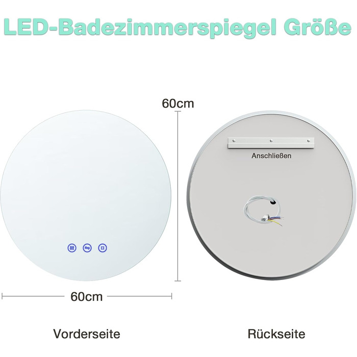 Дзеркало для ванної кімнати з підсвічуванням, кругле дзеркало для ванної кімнати 60 см з 3 кольорами світла, з регулюванням яскравості, сенсорним перемикачем, функцією пам'яті, світлодіодне дзеркало для ванної кімнати з підсвічуванням, проти запотівання, 