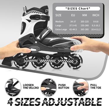 Регульовані роликові ковзани для дітей, хлопчиків та дівчаток ковзани зі світильниками для дітей віком 6-12 років ковзани зі світильниками для жінок та чоловіків на відкритому повітрі чорні, XL (42-44,5)