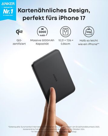 Зовнішній акумулятор Anker Nano, ультратонкий магнітний зовнішній акумулятор ємністю 5000 мАг, сертифікований Qi2, максимальна надшвидка зарядка 15 Вт, сумісний з MagSafe, портативний зарядний пристрій, ергономічний дизайн, для iPhone 17/16/15/14/13, чорн