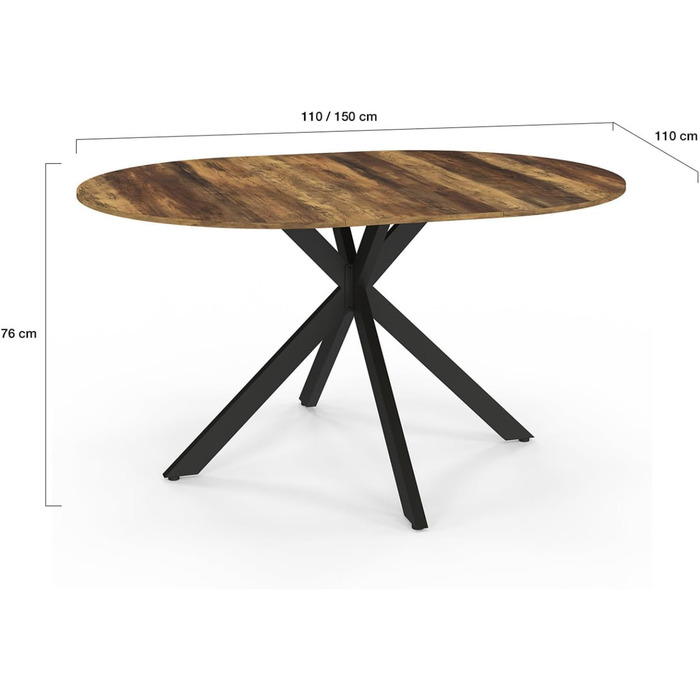 Розкладний круглий обідній стіл ALIX 4-8 персон на ніжці-павутині чорного кольору зі стільницею з темного дерева Hawkins 110-150 см