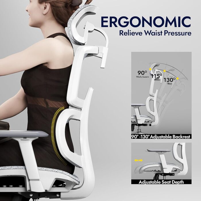 Ергономічне офісне крісло, висока спинка з сітчастого покриття та поперековою опорою, ігрове крісло з регульованими 3D-підлокітниками та підголівником, велике та високе обертове комп&39ютерне крісло, білий колір, 150 кг