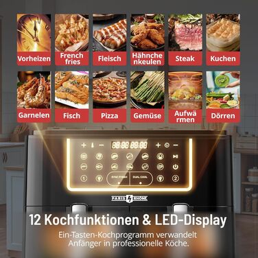 Фритюрниця PARIS RHNE 9.5 л, фритюрниця XXL двокамерна з оглядовим вікном, фритюрниця 12-в-1, смаження гарячим повітрям без олії, безпечна посудомийна машина, аерофритюрниця енергозберігаюча 9.5 л чорна