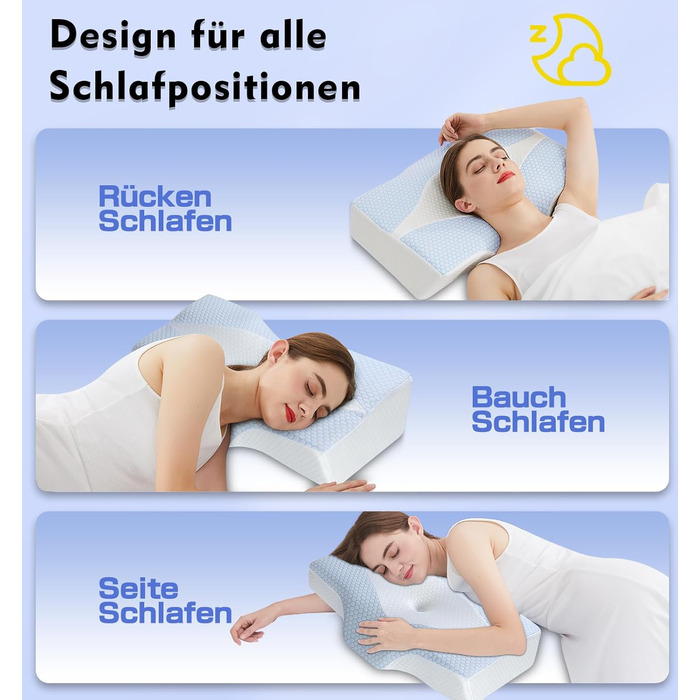 Ортопедична подушка з піни з ефектом пам&39яті, подушка для підтримки шиї від болю в шиї та плечах з охолодженням, чохол, що прається ергономічна подушка для сну та комфорту для сну на боці та спині, синьо-біла (63,5 см * 40,6 см * 10,7/13,2 см)