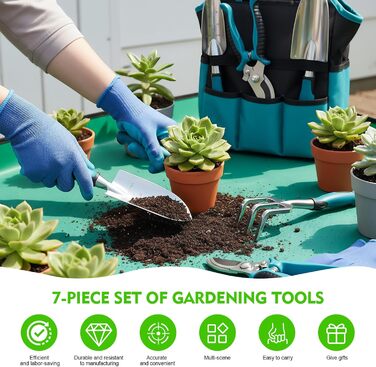 Набір садових інструментів Gartenwerk 7 предметів з рукавичками та сумкою для зберігання, ергономічні ручки з антиковзким покриттям, садовий набір для роботи на відкритому повітрі