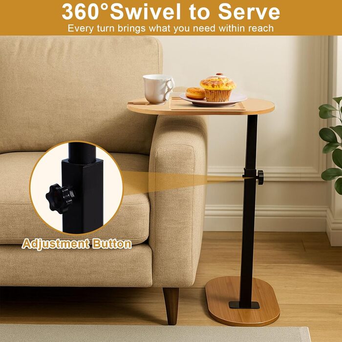 С-подібний журнальний столик, що обертається на 360 та регулюється по висоті, невеликий столик з бамбука та металу, журнальний столик для вузьких приміщень, дерев&39яний журнальний столик для вітальні та спальні, колір бамбука