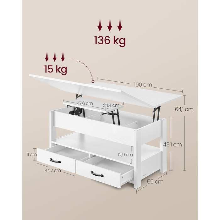Журнальний столик VASAGLE, стіл для вітальні з регульованою висотою, газовий балон, 2 шухляди та 3 відділення під стільницею, журнальний столик, 1 відкрите відділення, для вітальні, домашнього офісу, білосніжний LCT254W02