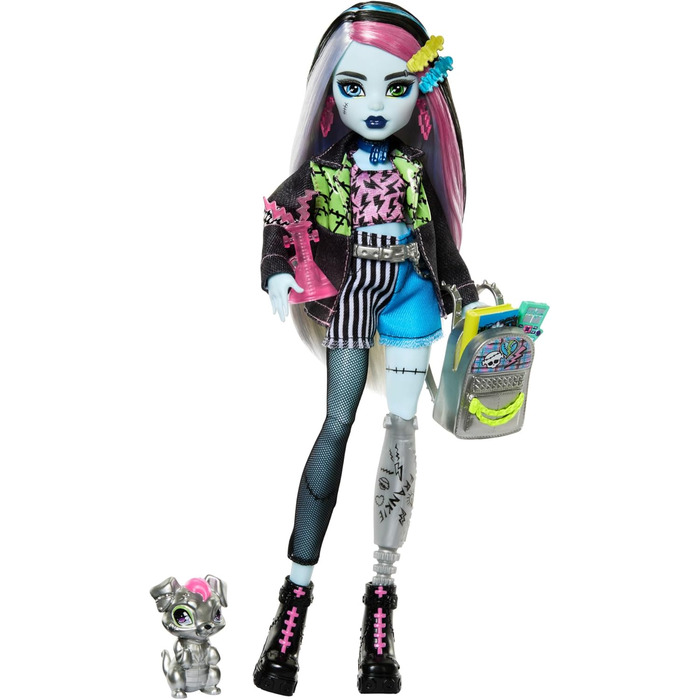 Лялька Monster High Френкі Штайн у джинсовій куртці та шортах, також включає її собаку Вотзі та аксесуари, такі як рюкзак, перекус та блокнот, HXH73