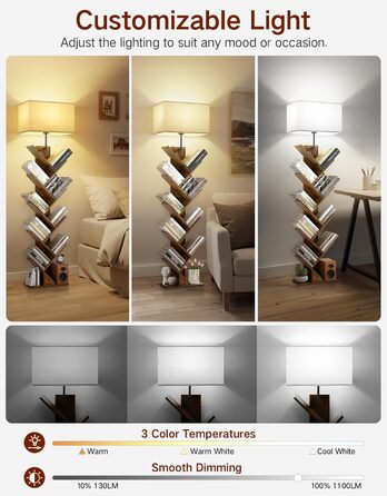 Книжкова полиця у формі дерева з підсвічуванням, 9-ярусна кутова полиця, пульт дистанційного керування та таймер, вузька дерев&39яна окремостояча полиця, невелика полиця для книг, CD та DVD, для вітальні, дитячої кімнати, офісу (колір рустик-коричневий)