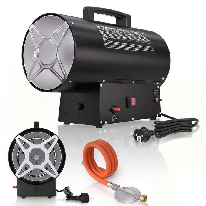 Газовий обігрівач Froadp 30 кВт, чорний, газовий обігрівач для використання в приміщенні, портативний газовий обігрівач із захистом від перегріву, включаючи регулятор тиску 700 мбар та шланг 1,5 м, для будівельних майданчиків, майстерень, складів 30 кВт