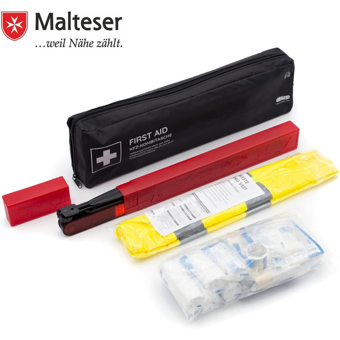 Автомобільна аптечка вкл. попереджувальний трикутник і жилет з високою видимістю згідно з чинним стандартом DIN 131642022 Дійсний