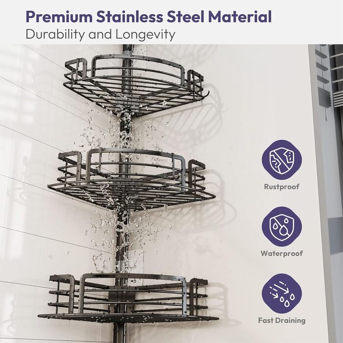 Кутова полиця для душу без свердління, телескопічна, регульована по висоті. Тримач для шампуню з 4 кошиками, нержавіюча сталь (70-267 см, чорний). Чорна 4-кошикова телескопічна полиця.