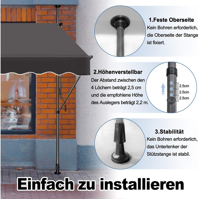 Тент, тент із затискачем, балконний сонцезахисний тент, висувний, регульований вручну за допомогою ручної ручки, стійкий до ультрафіолету, сонцезахист, 100 поліестер, для внутрішніх дворів, балконів, ресторанів, кафе, темно-сірий, 300 x 120 см