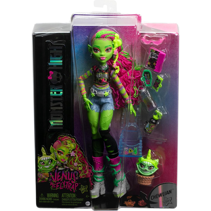 Лялька Monster High Venus McFlytrap з рослинним монстром-кітом Чуліаном та аксесуарами, такими як рюкзак, блокнот, снеки тощо, HRP81 Lime Green