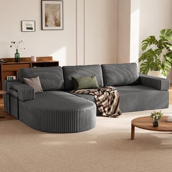 Кутовий диван з функцією сну, вельветовий L-подібний диван-ліжко, диван без кісток, секційний диван-ліжко з сидінням 75 см, модульний диван-ліжко із заокругленим шезлонгом, світло-сірий