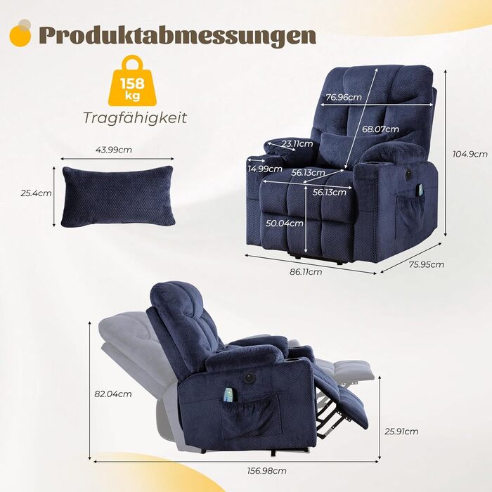 Електричне підйомне крісло, крісло-реклайнер з вібраційним масажем та функцією підігріву, зручне для людей похилого віку крісло для телевізора з безступінчастим регулюванням, пульт дистанційного керування, порт USB та Type-C, 3 положення (синє)