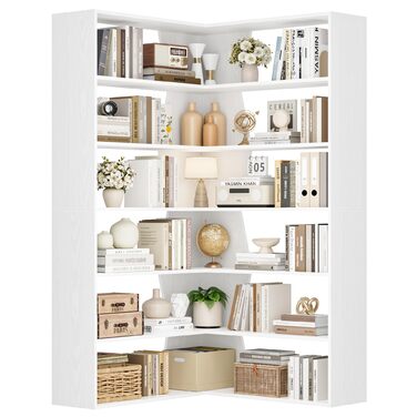 Кутова полиця FirFurd 190 см, книжкова шафа-ліжко, кутова книжкова шафа з 6 полицями, L-подібна кутова шафа, висока шафа, книжкова шафа, кутова вітрина для кабінету, вітальні, кухні, 90x90x190,5 см, білий