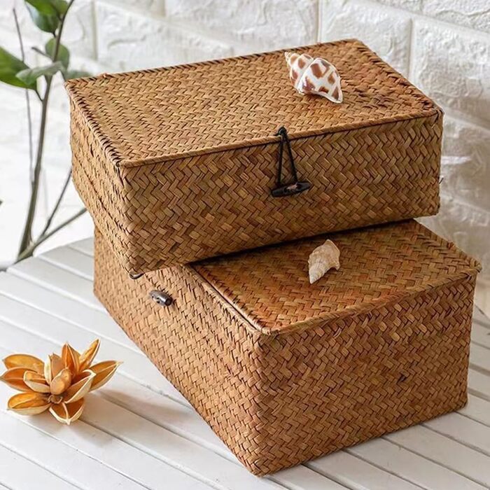 Ротанговий кошик з кришкою, кошик для зберігання з 3 предметів з натуральної морської трави, багатофункціональний кошик для зберігання, плетені полиці-кошики (B)