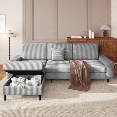 Місний L-подібний диван з регульованою оттоманкою для зберігання речей, кутовий диван з функцією сну, модульний диван, вельветовий диван, дерев&39яний каркас, глибоке сидіння, ідеально підходить для вітальні, сірий, 200