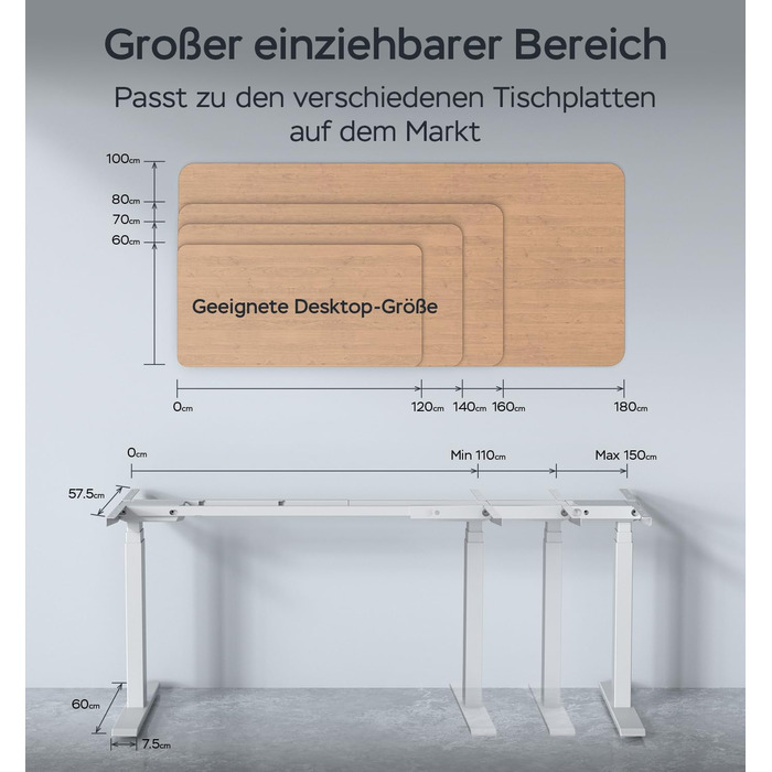 Каркас столу з регулюванням висоти та 2 потужними двигунами, регульований по висоті каркас столу з 4 налаштуваннями пам&39яті, витримує 135 кг (білий, 3-сегментні ніжки)