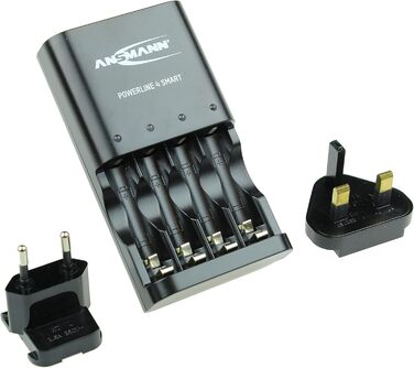 Зарядний пристрій Powerline 4 Smart AA та AAA для акумуляторів NiMH NiCD, з вилкою для Великобританії та багатокольоровим світлодіодним дисплеєм, швидке індивідуальне заряджання та моніторинг