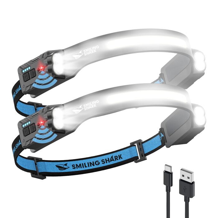 Налобний ліхтар Smiling Shark, ультраяскравий акумуляторний налобний ліхтар ємністю 2400 мАг, 2 білих світла та 2 прожектори з датчиком руху, багаторежимний світлодіодний налобний ліхтар з функцією обертання на 270 для кемпінгу на свіжому повітрі