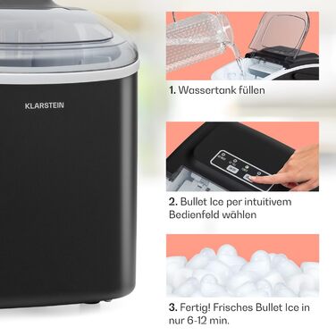 Машина для кубиків льоду Klarstein для домашнього кемпінгу Gastro, швидка міні-машина для кубиків льоду маленька, професійна льодогенератор для великих і маленьких кубиків льоду, самоочищення, резервуар для води 1,3 л, 12 кг льоду за 24 години чорний