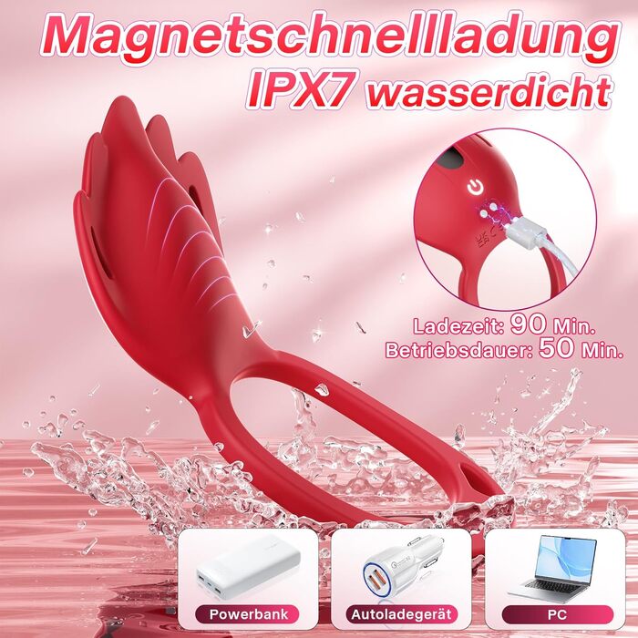 Вібратор Tagnaff, з 6 ерекційними кільцями та стимуляцією клітора, червоний, силікон