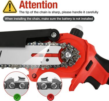 Акумуляторна бензопила, 6&8 дюймова бензопила з акумулятором 3000 мАг, безщітковий двигундва акумулятора 21В, портативна акумуляторна міні-бензопила, з бризковиком та запобіжним замком (червоний)