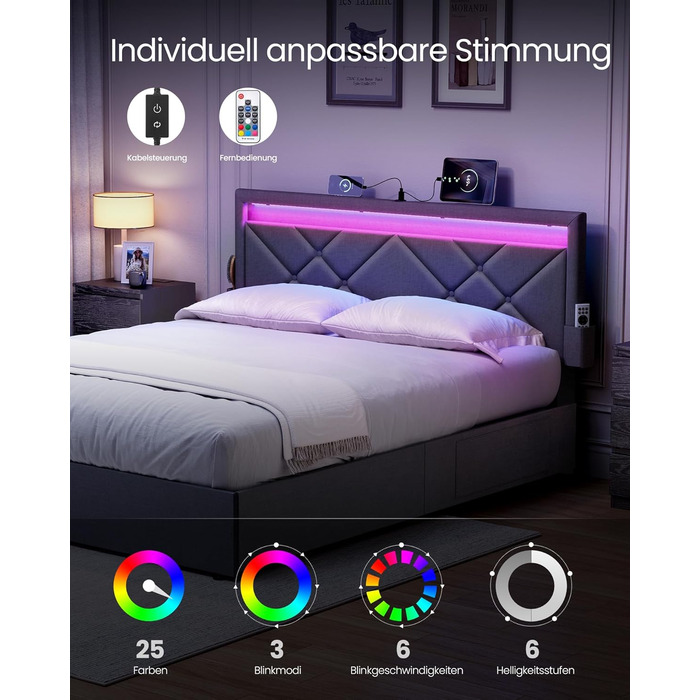 Каркас двоспального ліжка VASAGLE, Каркас ліжка, 180 x 200 см, LED, Металеве ліжко, 4 шухляди, Зарядна станція, Регульоване м&39яке узголів&39я, Темно-сірий RMB825GN02 Темно-сірий 180 x 200 см